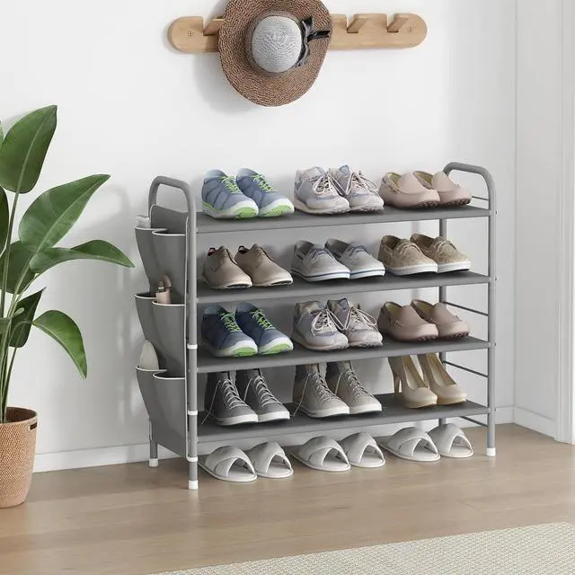 Alt view image 2 of 6 - SUOERNUO 4 Tier Free Standing Metal Shoe Rack With Side Bag - Compact Shoe Organizer for Entryway Closet Bedroom, Grey
