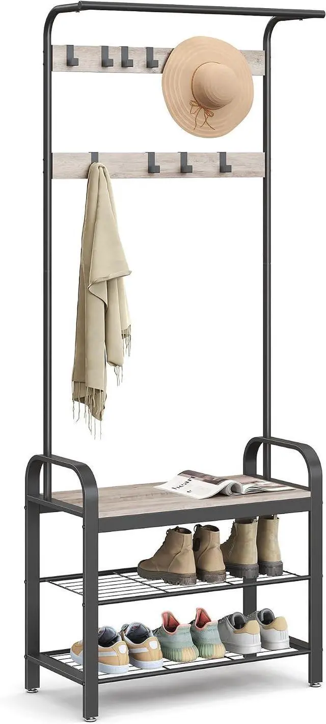 Main image of VASAGLE Coat Rack, Hall Tree with Shoe Bench, 4-in-1, 9 Removable Hooks