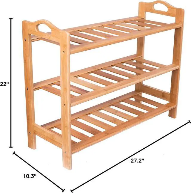 Alt view image 2 of 7 - BIRDROCK HOME 3 Tier Free Standing Shoe Rack with Handles | Bamboo | Wood | Closets and Entryway | Organizer | Fits 9 Pairs of Shoes