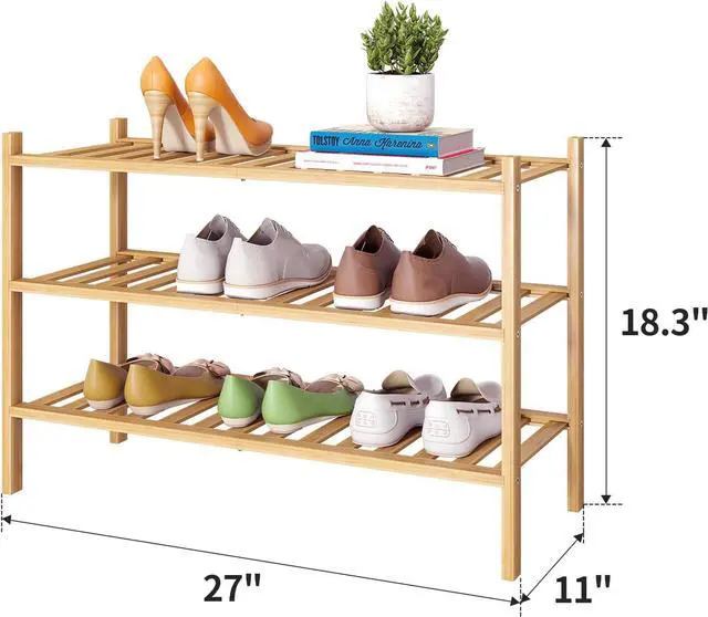 Alt view image 2 of 7 - Bamboo Shoe Rack Stackable Shoe Shelf Storage Organizer for Unit Entryway Hallway and Closet Sturdy Freestanding Shoe Shelf(3 Tier Natural)
