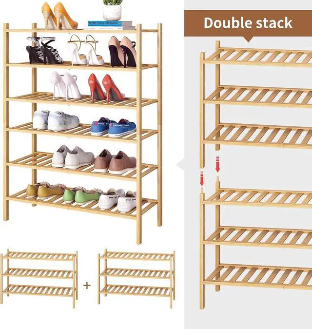 Alt view image 4 of 7 - Bamboo Shoe Rack Stackable Shoe Shelf Storage Organizer for Unit Entryway Hallway and Closet Sturdy Freestanding Shoe Shelf(3 Tier Natural)