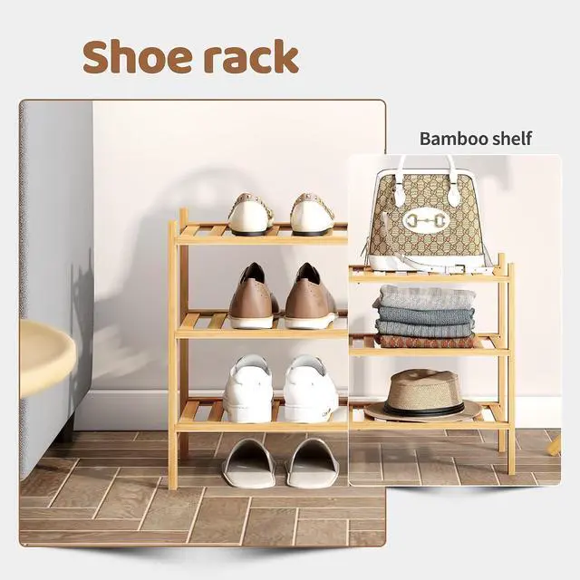 Alt view image 6 of 7 - Bamboo Shoe Rack Stackable Shoe Shelf Storage Organizer for Unit Entryway Hallway and Closet Sturdy Freestanding Shoe Shelf(3 Tier Natural)