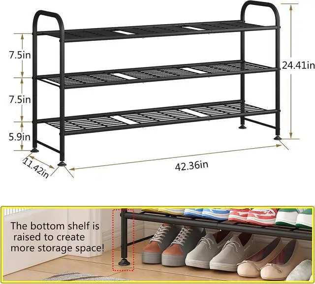 Alt view image 2 of 6 - LINZINAR 3 Tier Long Shoe Rack for Closet Metal Shoe Organizer for Entryway
