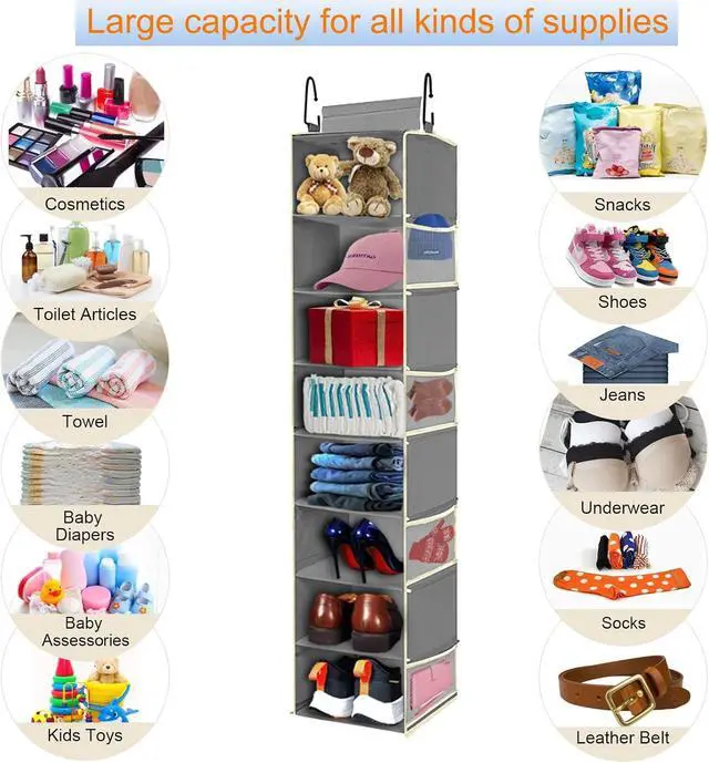 Alt view image 6 of 6 - Large-Sized Hanging Shoe Organizer 8-Shelf, Hanging Closet Organizer with 8 Side Pockets, Wider Hanging Shelves for Storage Shoes Clothes 9" W × 11.8" D× 48" H, Grey