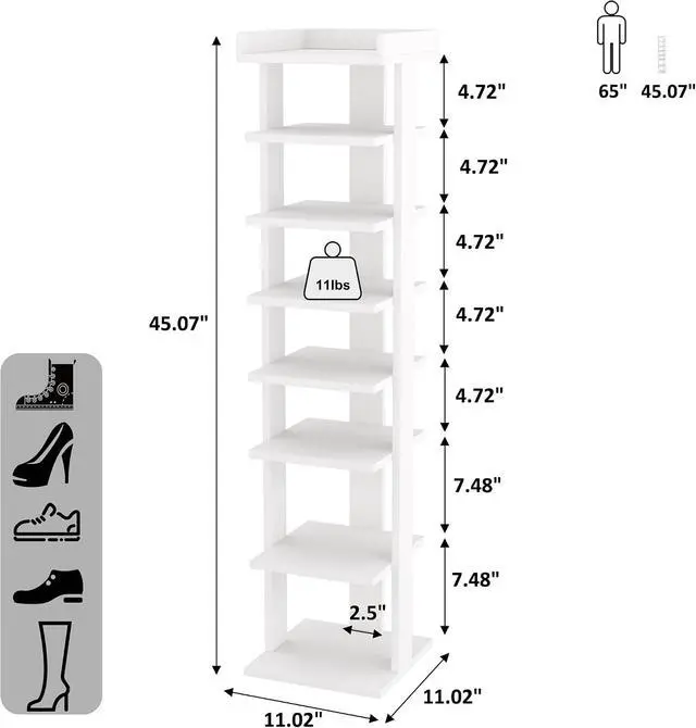 Alt view image 3 of 7 - HOMEFORT 7-Tier Wood Shoe Rack, Entryway Shoe Tower,Vertical Shoe Organizer, Wooden Shoe Storage Stand, White