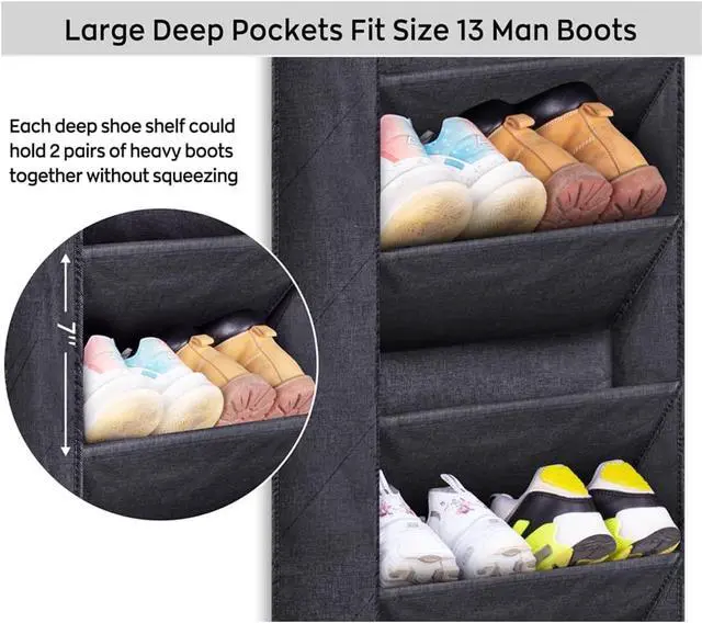 Alt view image 4 of 7 - SLEEPING LAMB Over The Door Shoe Organizer for Closet with Large Deep Pockets, Narrow Shoe Rack for Door Hanging Boots Storage, Black