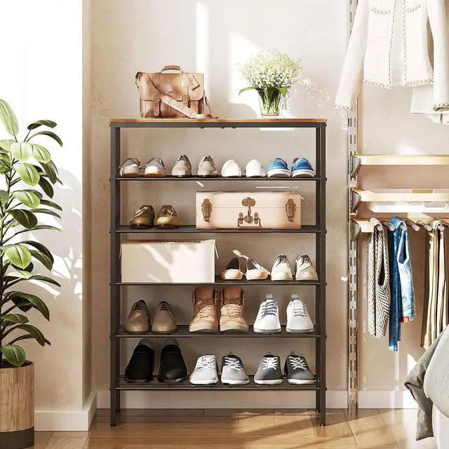 Alt view image 2 of 7 - YATINEY 6-Tier Shoe Rack, Shoe Storage Organizer for Closet, Free Standing Shoe Organizer with Metal Mesh Shelves, 24 Pairs of Shoes, Rustic Brown and Black SS06BR