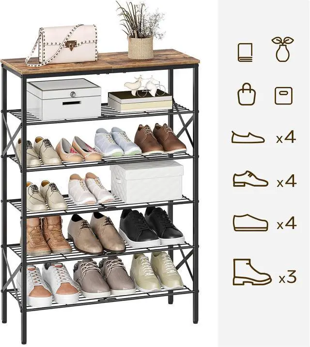 Alt view image 4 of 7 - YATINEY 6-Tier Shoe Rack, Shoe Storage Organizer for Closet, Free Standing Shoe Organizer with Metal Mesh Shelves, 24 Pairs of Shoes, Rustic Brown and Black SS06BR