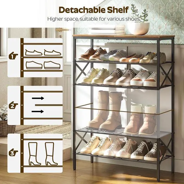 Alt view image 5 of 7 - YATINEY 6-Tier Shoe Rack, Shoe Storage Organizer for Closet, Free Standing Shoe Organizer with Metal Mesh Shelves, 24 Pairs of Shoes, Rustic Brown and Black SS06BR