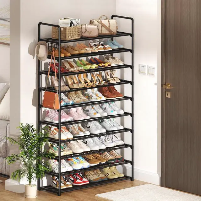 Alt view image 2 of 7 - 10-Tier Shoe Organizer - Large Metal Shoe Rack with Hooks, Fits 40-50 Pairs, Ideal for Closet, Entryway, Garage, Bedroom