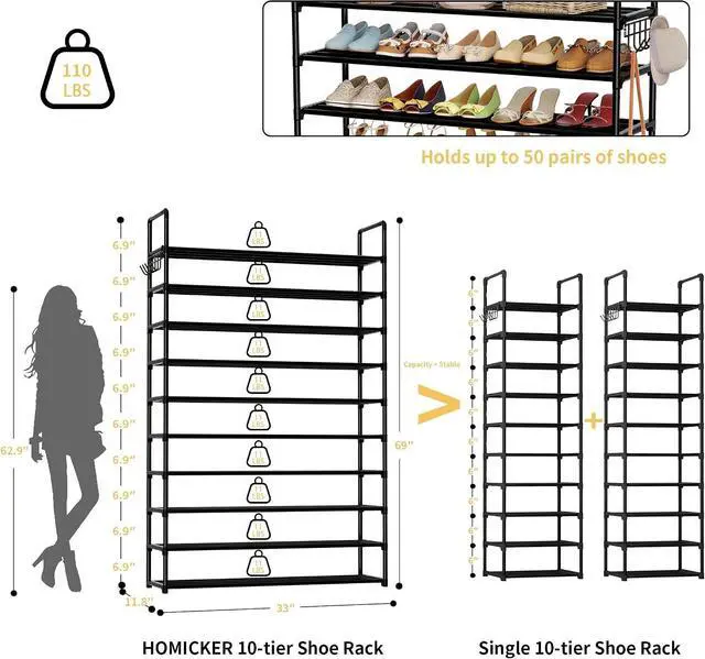 Alt view image 3 of 7 - 10-Tier Shoe Organizer - Large Metal Shoe Rack with Hooks, Fits 40-50 Pairs, Ideal for Closet, Entryway, Garage, Bedroom