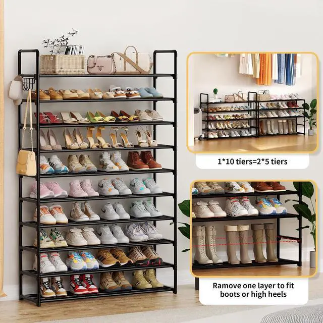Alt view image 5 of 7 - 10-Tier Shoe Organizer - Large Metal Shoe Rack with Hooks, Fits 40-50 Pairs, Ideal for Closet, Entryway, Garage, Bedroom