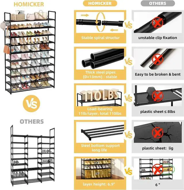 Alt view image 6 of 7 - 10-Tier Shoe Organizer - Large Metal Shoe Rack with Hooks, Fits 40-50 Pairs, Ideal for Closet, Entryway, Garage, Bedroom