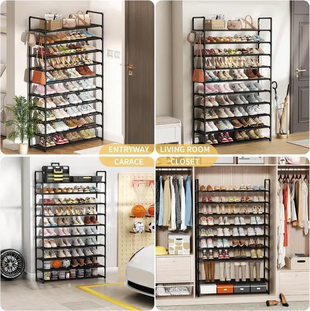 Alt view image 7 of 7 - 10-Tier Shoe Organizer - Large Metal Shoe Rack with Hooks, Fits 40-50 Pairs, Ideal for Closet, Entryway, Garage, Bedroom