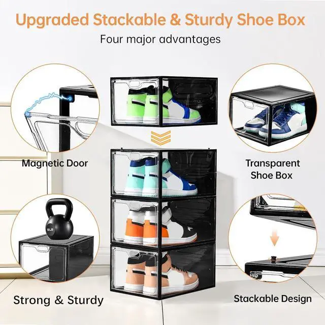 Alt view image 3 of 7 - INSTY 12 Pack Large Shoe Storage Box, Clear Shoe Storage Organizer with Magnetic Door, Stackable,Shoe Containers For Display Sneakers, Easy Assembly, Fit up to US Size 12, Transparent