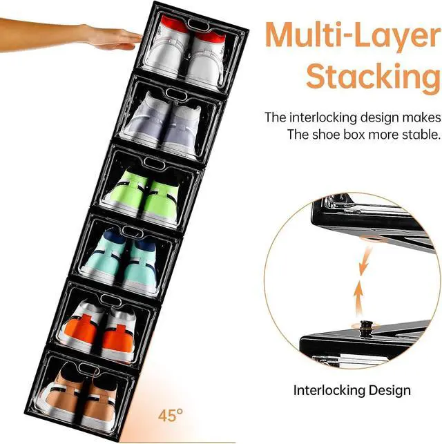 Alt view image 4 of 7 - INSTY 12 Pack Large Shoe Storage Box, Clear Shoe Storage Organizer with Magnetic Door, Stackable,Shoe Containers For Display Sneakers, Easy Assembly, Fit up to US Size 12, Transparent