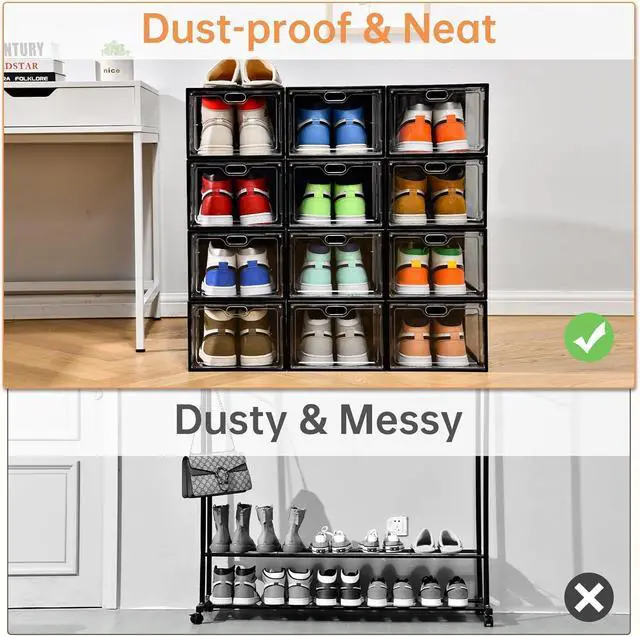 Alt view image 5 of 7 - INSTY 12 Pack Large Shoe Storage Box, Clear Shoe Storage Organizer with Magnetic Door, Stackable,Shoe Containers For Display Sneakers, Easy Assembly, Fit up to US Size 12, Transparent