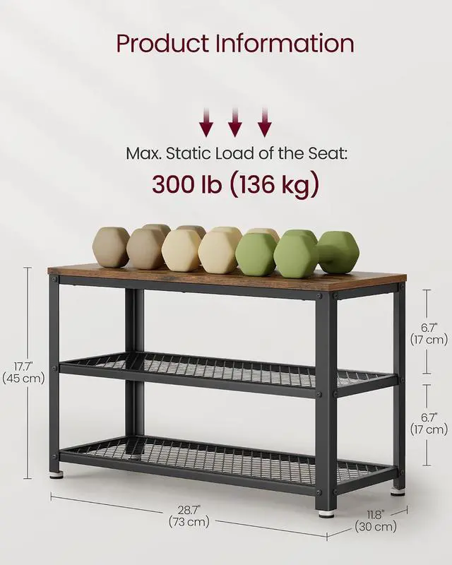 Alt view image 3 of 7 - VASAGLE 3-Tier Shoe Rack, Storage Bench with Metal Mesh Shelves and Seat