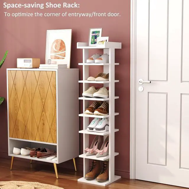 Alt view image 4 of 7 - HOMEFORT 7-Tier Wood Shoe Rack, Entryway Shoe Tower,Vertical Shoe Organizer, Wooden Shoe Storage Stand, White
