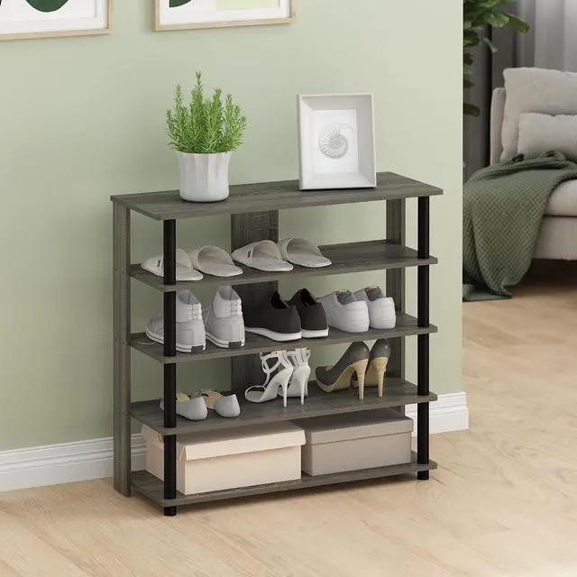 Alt view image 2 of 6 - Furinno Turn-N-Tube 5 Tier Wide Shoe Rack, French Oak Grey/Black , 32 Inch