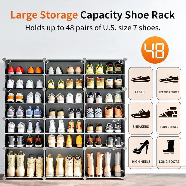 Alt view image 3 of 7 - MAGINELS 48-Pairs Shoe Storage Organizer Cabinet,Portable Shoe Rack Organizer with Door,Large DIY Plastic Detachable Shoes Shelves for Entryway,Bedroom,Black