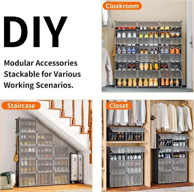 Alt view image 4 of 7 - MAGINELS 48-Pairs Shoe Storage Organizer Cabinet,Portable Shoe Rack Organizer with Door,Large DIY Plastic Detachable Shoes Shelves for Entryway,Bedroom,Black