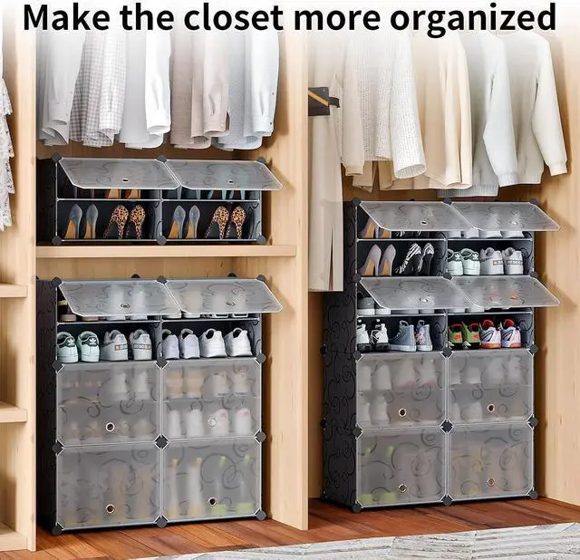 Alt view image 6 of 7 - MAGINELS 48-Pairs Shoe Storage Organizer Cabinet,Portable Shoe Rack Organizer with Door,Large DIY Plastic Detachable Shoes Shelves for Entryway,Bedroom,Black