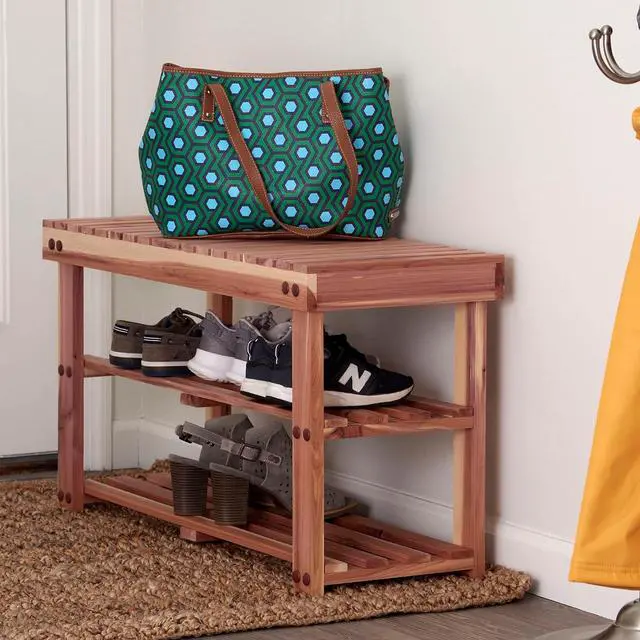 Alt view image 2 of 6 - Household Essentials CedarFresh 2-Tier Cedar Shoe Rack and Seat Bench, 31.5"w x 17.5"h x 12.4"d, Red,natural