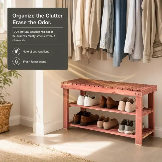 Alt view image 5 of 6 - Household Essentials CedarFresh 2-Tier Cedar Shoe Rack and Seat Bench, 31.5"w x 17.5"h x 12.4"d, Red,natural