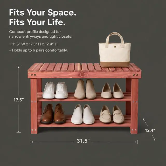 Alt view image 6 of 6 - Household Essentials CedarFresh 2-Tier Cedar Shoe Rack and Seat Bench, 31.5"w x 17.5"h x 12.4"d, Red,natural