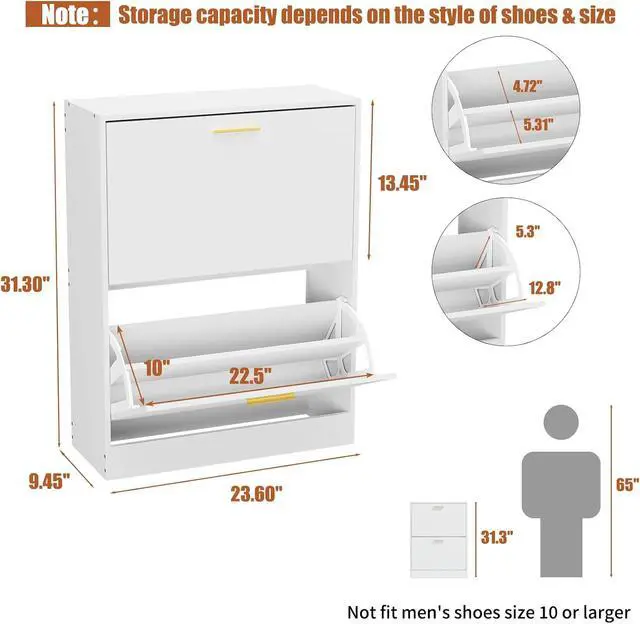 Alt view image 2 of 7 - JOZZBY Modern Shoe Cabinet Storage with 2 Flip Drawers, WhiteSlim Freestanding Narrow Shoe Organizer, Shoe Rack Cabinet for Hallway, Living Room, Entryway