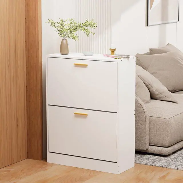 Alt view image 3 of 7 - JOZZBY Modern Shoe Cabinet Storage with 2 Flip Drawers, WhiteSlim Freestanding Narrow Shoe Organizer, Shoe Rack Cabinet for Hallway, Living Room, Entryway