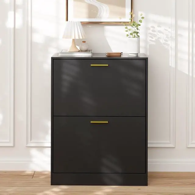 Alt view image 3 of 7 - LYNSOM Modern Entryway Shoe Cabinet with 2 Flip Drawers and Top Display, BlackFree Standing Tipping Bucket Shoe Rack Organizer, Narrow Slim Hidden Shoe Cabinet for Hallway, Livingroom
