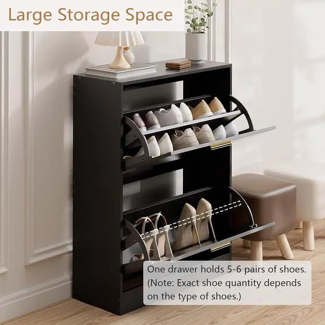 Alt view image 5 of 7 - LYNSOM Modern Entryway Shoe Cabinet with 2 Flip Drawers and Top Display, BlackFree Standing Tipping Bucket Shoe Rack Organizer, Narrow Slim Hidden Shoe Cabinet for Hallway, Livingroom