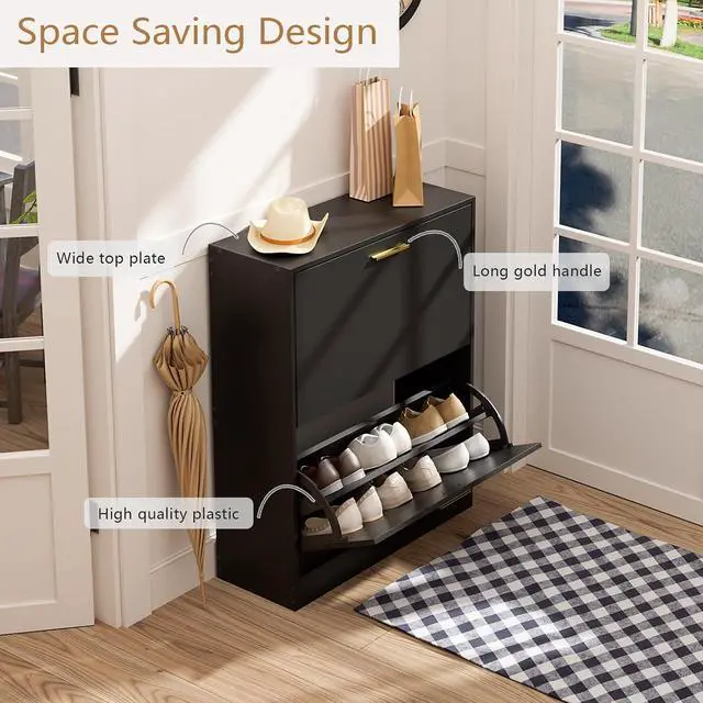 Alt view image 4 of 7 - LYNSOM Modern Entryway Shoe Cabinet with 2 Flip Drawers and Top Display, BlackFree Standing Tipping Bucket Shoe Rack Organizer, Narrow Slim Hidden Shoe Cabinet for Hallway, Livingroom