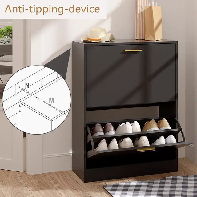 Alt view image 7 of 7 - LYNSOM Modern Entryway Shoe Cabinet with 2 Flip Drawers and Top Display, BlackFree Standing Tipping Bucket Shoe Rack Organizer, Narrow Slim Hidden Shoe Cabinet for Hallway, Livingroom