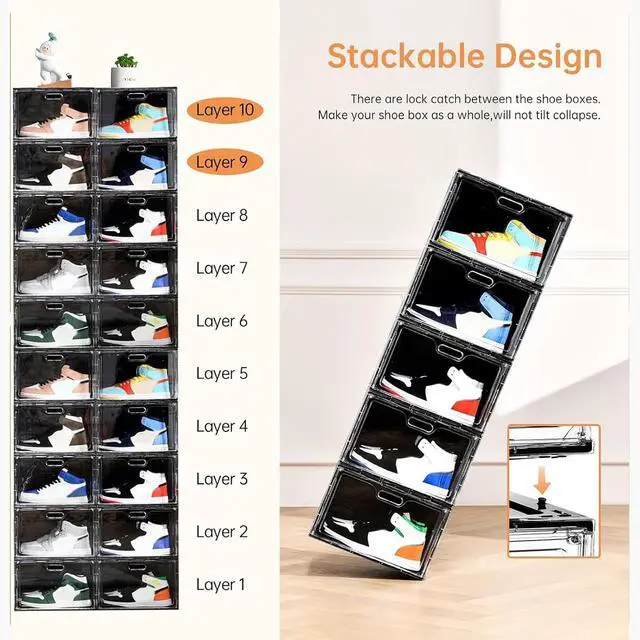 Alt view image 6 of 7 - Amllas New 8 Pack Shoe Boxes Stackable, Large Shoe Storage Organizer with Lids,Drop Side Shoe Containers for Entryway,Sneaker Storage Fit up to US Size 13 for Men/Women(13x 10.6x 8.3)