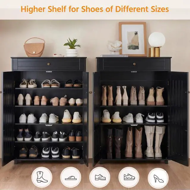 Alt view image 4 of 7 - Yaheetech Tall Shoe Cabinet with Drawer & Doors for Entryway, 5-Tier Black