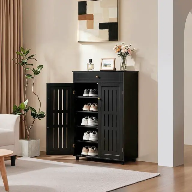 Alt view image 5 of 7 - Yaheetech Tall Shoe Cabinet with Drawer & Doors for Entryway, 5-Tier Black