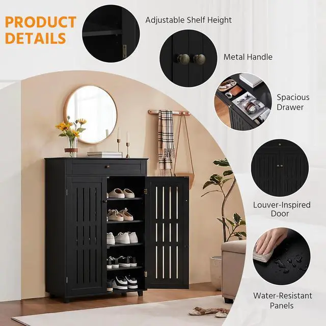 Alt view image 6 of 7 - Yaheetech Tall Shoe Cabinet with Drawer & Doors for Entryway, 5-Tier Black