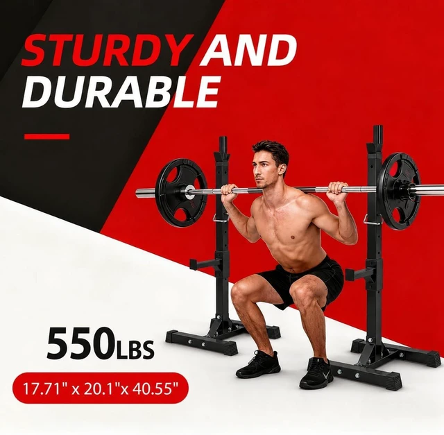 Alt view image 3 of 7 - JupiterForce Adjustable Squat Rack Stands, Pair of Sturdy Steel Bench Press Rack, Barbell Rack, 40''-66'' 550lbs Max Load Portable Dumbbell Racks Stands for Home Gym, Black