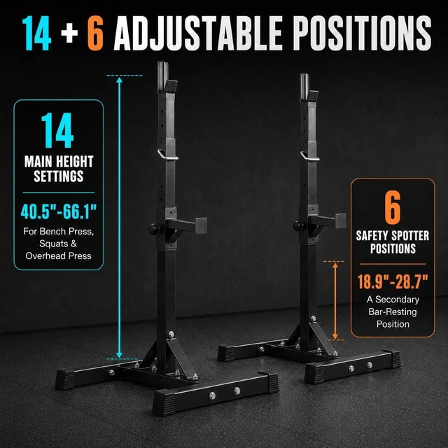 Alt view image 4 of 7 - JupiterForce Adjustable Squat Rack Stands, Pair of Sturdy Steel Bench Press Rack, Barbell Rack, 40''-66'' 550lbs Max Load Portable Dumbbell Racks Stands for Home Gym, Black