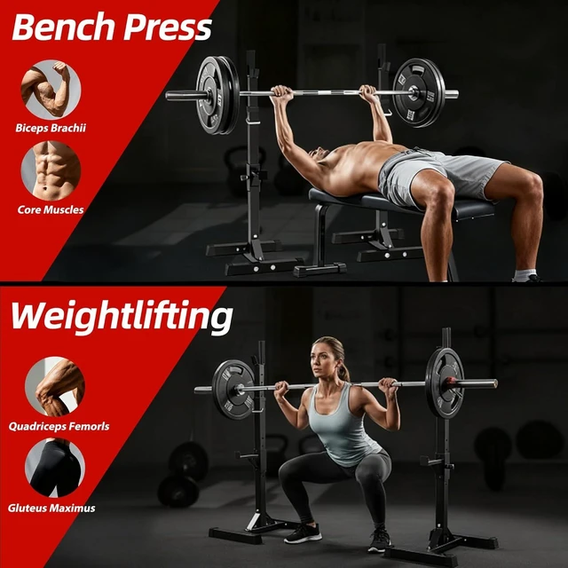 Alt view image 6 of 7 - JupiterForce Adjustable Squat Rack Stands, Pair of Sturdy Steel Bench Press Rack, Barbell Rack, 40''-66'' 550lbs Max Load Portable Dumbbell Racks Stands for Home Gym, Black