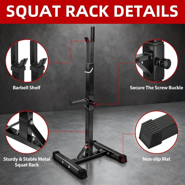 Alt view image 5 of 7 - JupiterForce Adjustable Squat Rack Stands, Pair of Sturdy Steel Bench Press Rack, Barbell Rack, 40''-66'' 550lbs Max Load Portable Dumbbell Racks Stands for Home Gym, Black