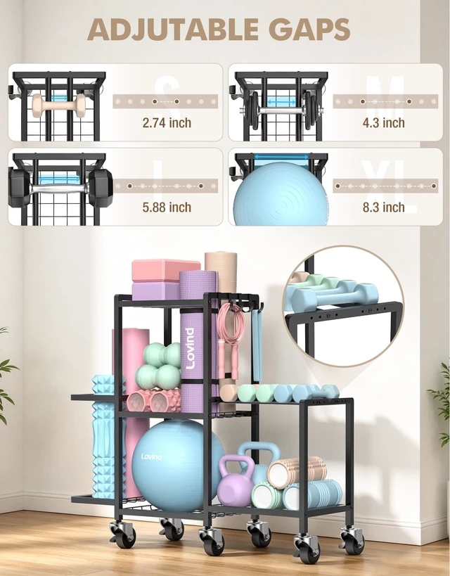 Alt view image 3 of 7 - Multi-Functional Home Gym Storage Rack,Yoga Mat Storage on Wheels