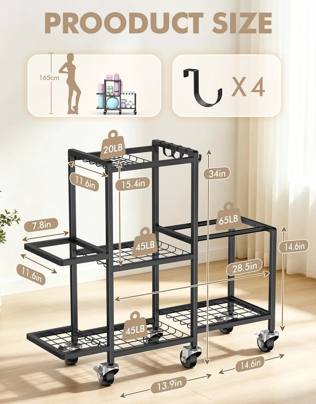 Alt view image 2 of 7 - Multi-Functional Home Gym Storage Rack,Yoga Mat Storage on Wheels