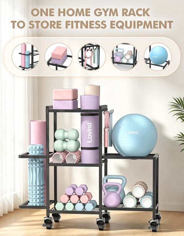Alt view image 4 of 7 - Multi-Functional Home Gym Storage Rack,Yoga Mat Storage on Wheels