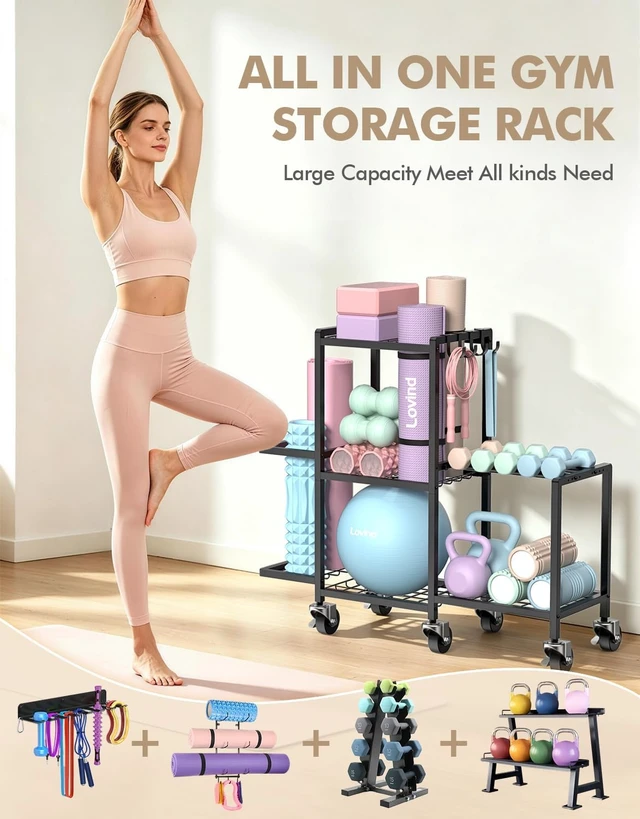 Alt view image 5 of 7 - Multi-Functional Home Gym Storage Rack,Yoga Mat Storage on Wheels