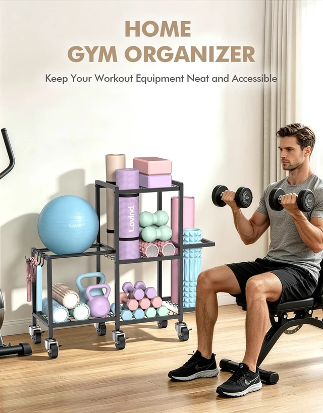 Alt view image 6 of 7 - Multi-Functional Home Gym Storage Rack,Yoga Mat Storage on Wheels
