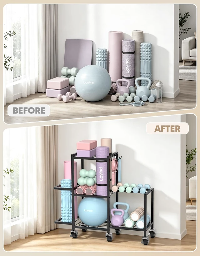 Alt view image 7 of 7 - Multi-Functional Home Gym Storage Rack,Yoga Mat Storage on Wheels